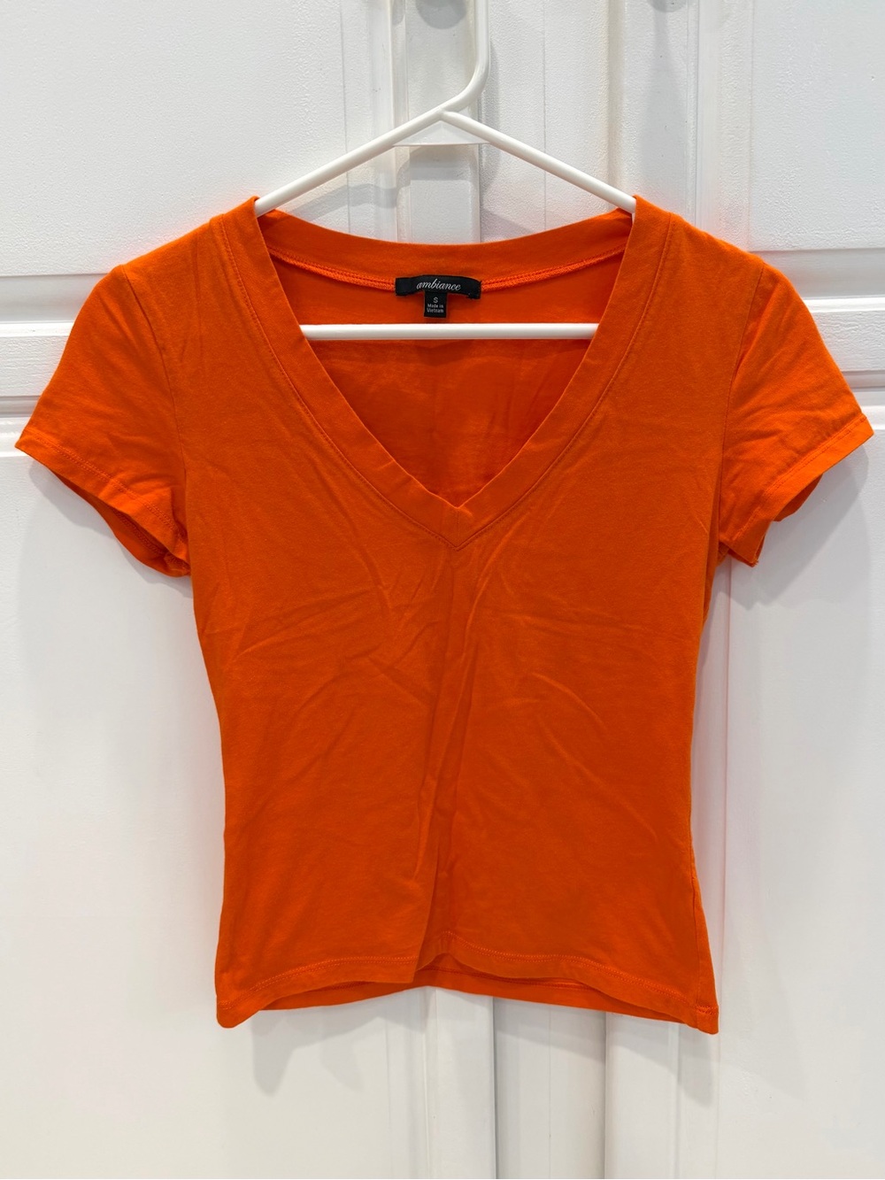 Ambiance Womens S T-Shirt Short Sleeve V Neck Solid Orange Pullover Stretch